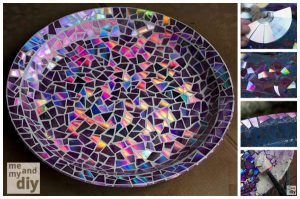 Mosaic Tile Birdbath using Recycled DVDs